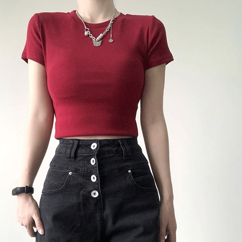 Jual BTAT Atasan pendek merah elastisitas dasar gaya Korea Wanita/kaos ...