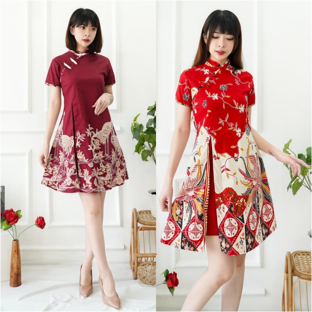 Jual Baju Merah Big Size Dress Imlek Jumbo Wanita Baju Batik Dress Cheongsam Qipao Jibao Sincia 