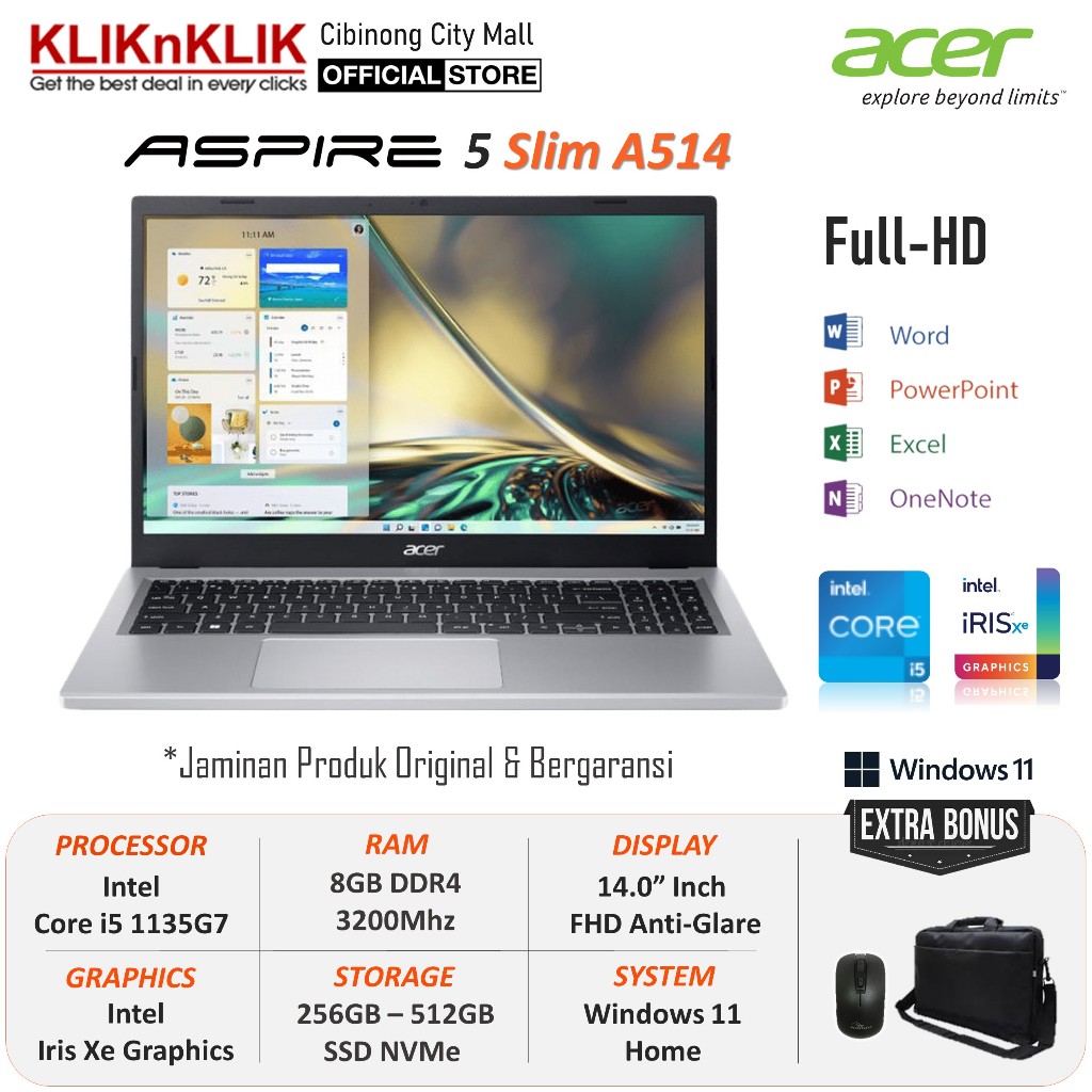 Jual Laptop Kantor Acer Aspire 5 Slim A514 Intel Core i5 1135G7 8GB