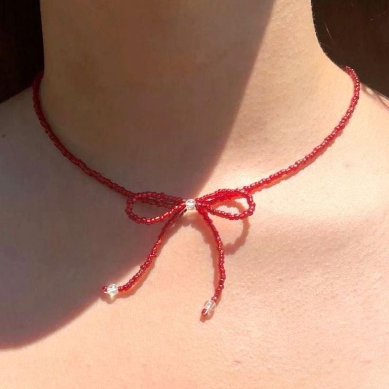 Jual red seed bead bow necklace Shopee Indonesia