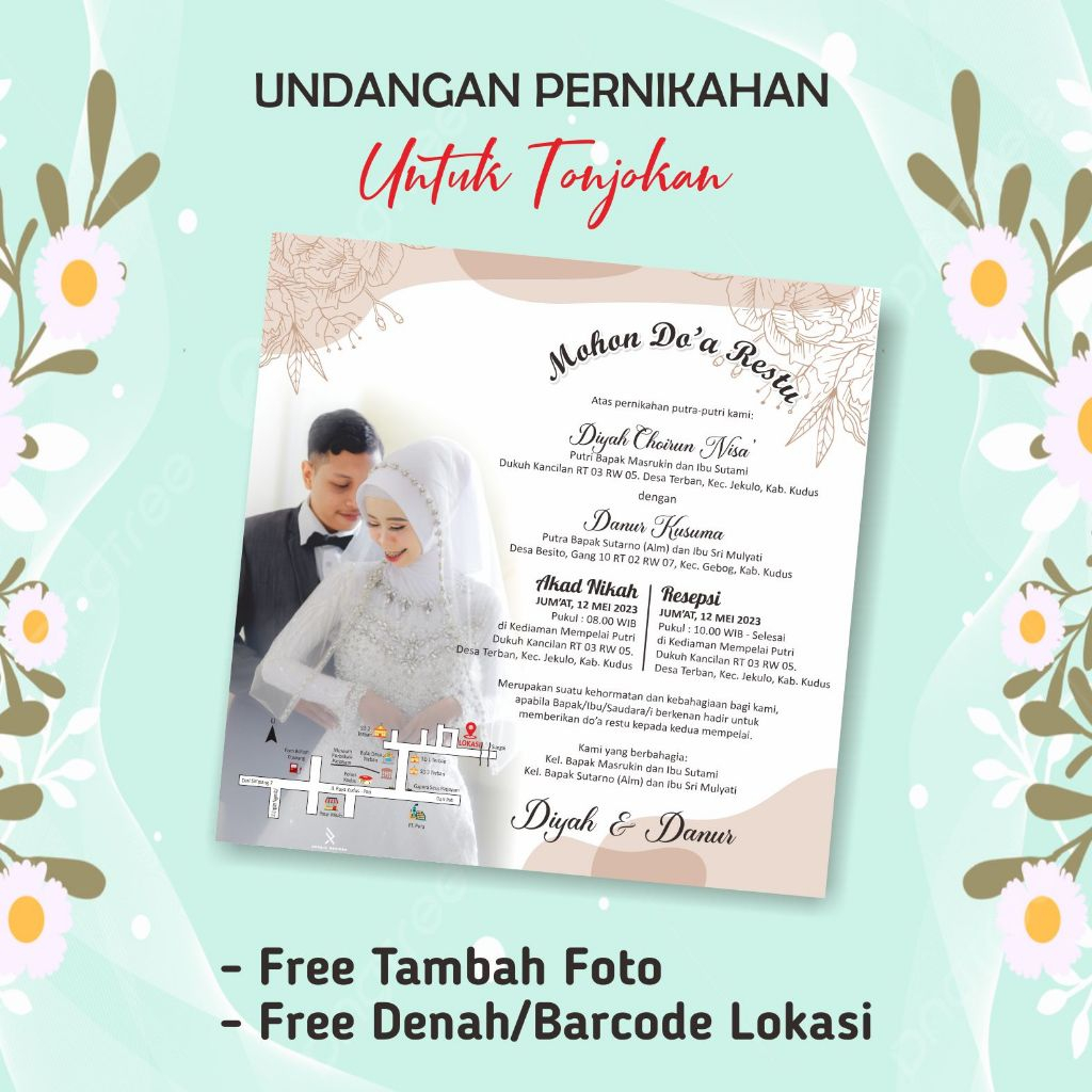 Jual UNDANGAN PERNIKAHAN UNTUK TONJOKAN, FREE TAMBAH FOTO, CETAK 1 MUKA