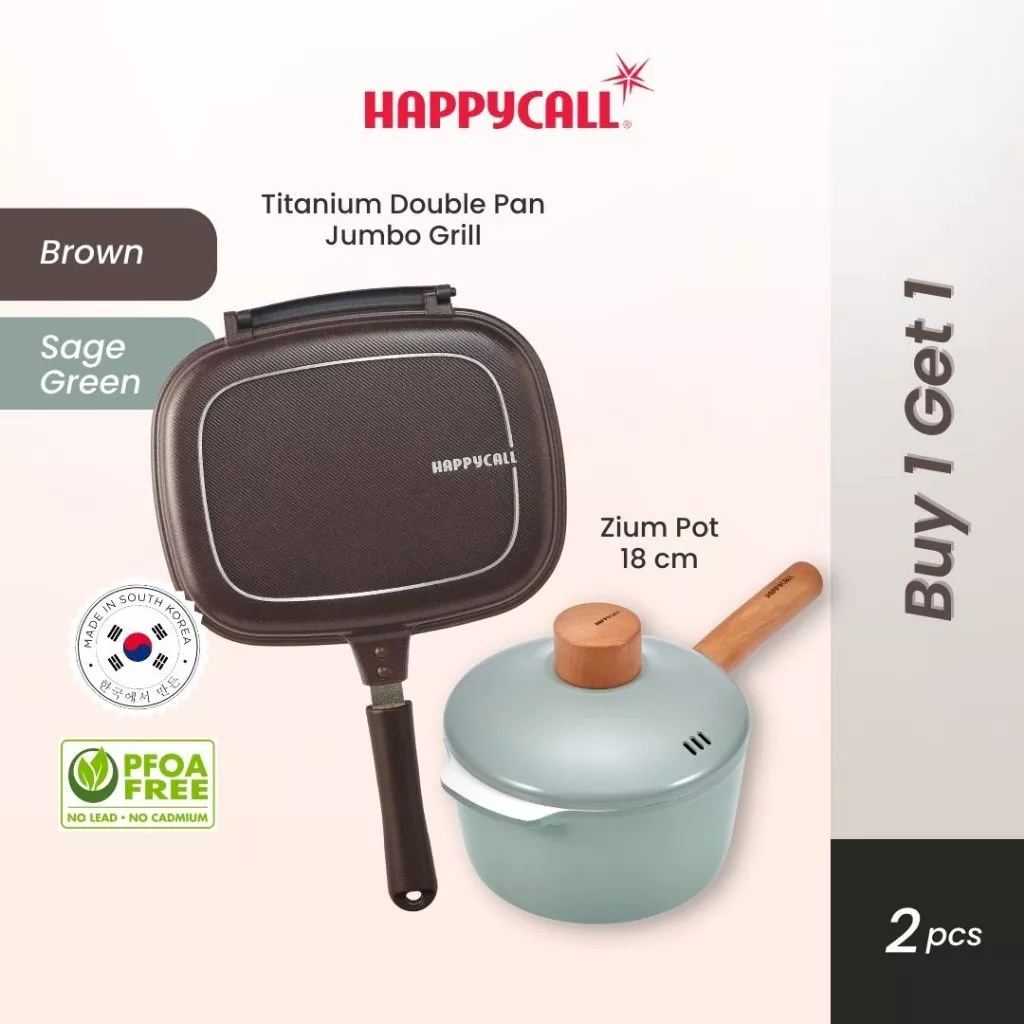 Happycall Titanium Double Pan Jumbo Grill Brown FREE Zium Pot IH 18cm - Alat Panggang dan Panci Anti Lengket - Buy 1 get 1 FREE