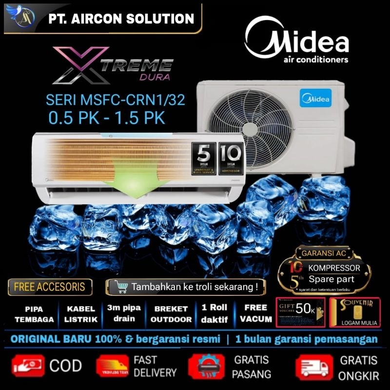Jual AC MIDEA EXTREM 1/2 PK s/d 2 PK Series MSFC-CRN1-32 gold fin hemat