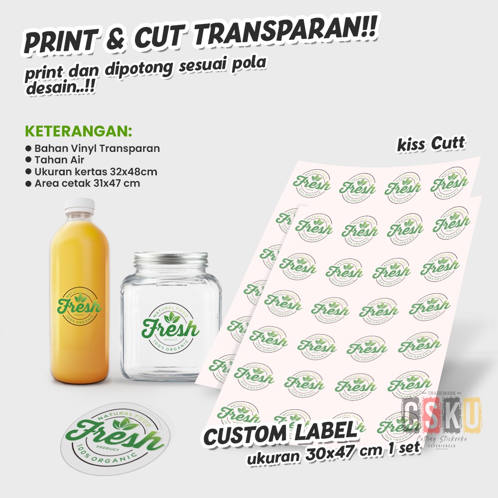 Jual Cetak Stiker Custom Label Vinyl Transparan A3 Print Cut Kemasan Makanan Minuman Kiss Cut 4581