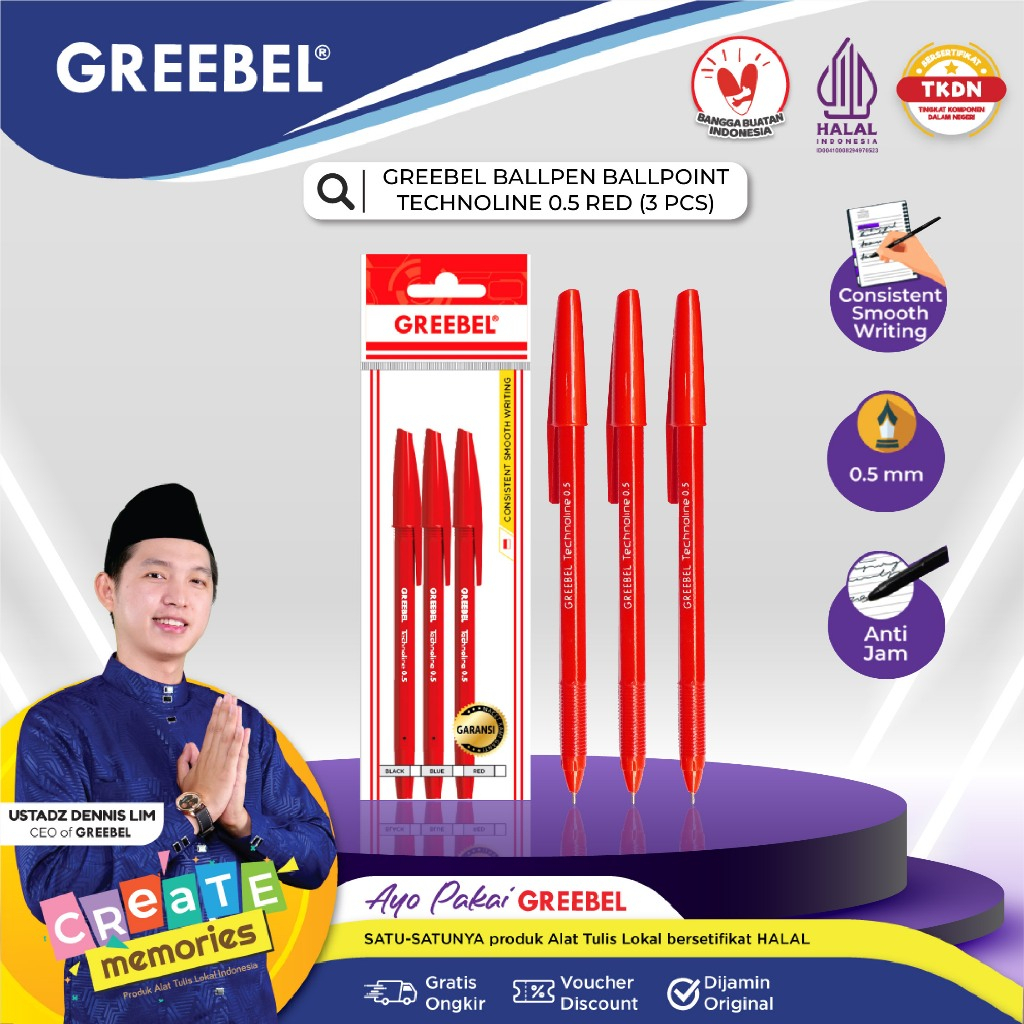 Jual GREEBEL PULPEN TECHNOLINE 0.5 RED (3 PCS/SET) / Pen / Ballpen