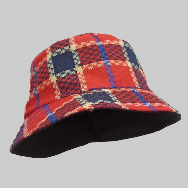 Jual Topi Bucket Flannel Merah Kotak Tartan Flanel Buckethat TBMI