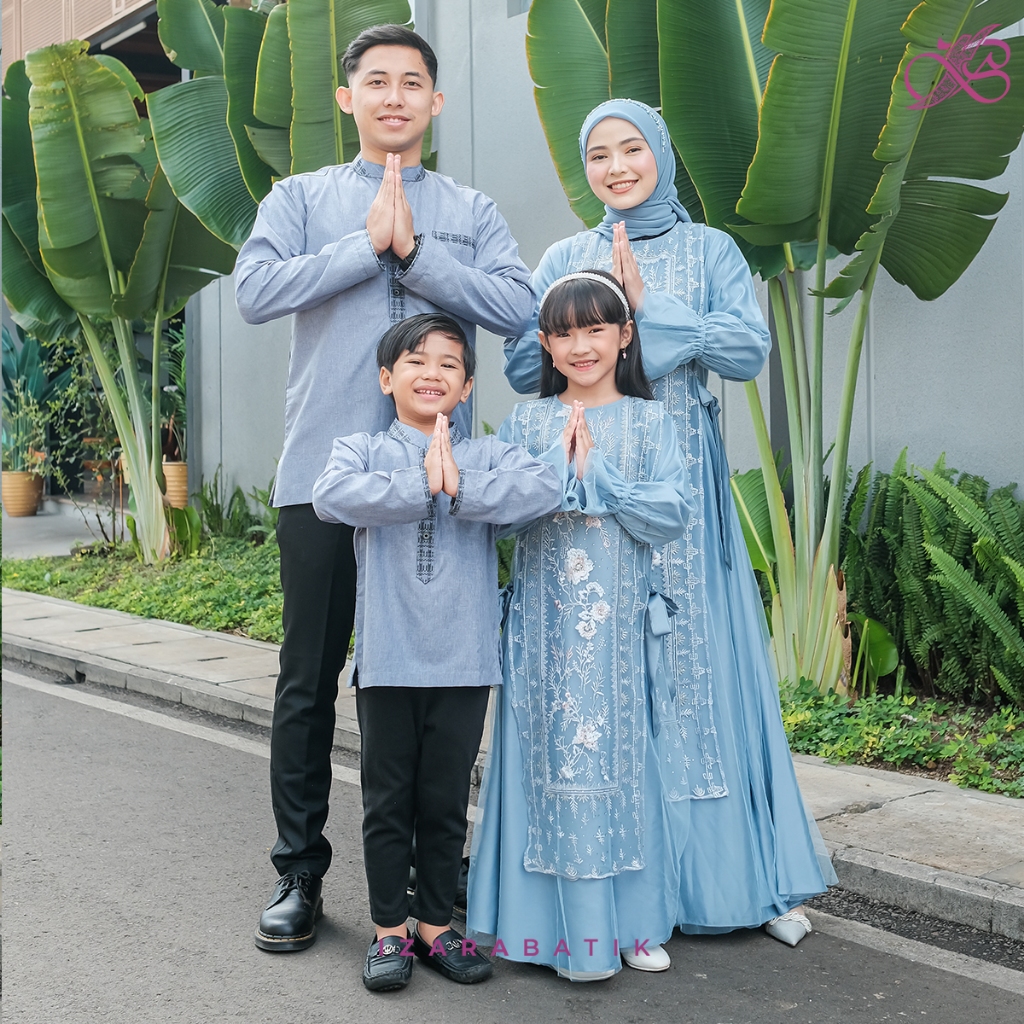 ( Family Set Amira Sky Blue - Izara Raya Collection ) Baju Couple Keluarga  Dress Gamis Wanita & Kemeja Koko Pria Dewasa & Anak Kualitas Premium