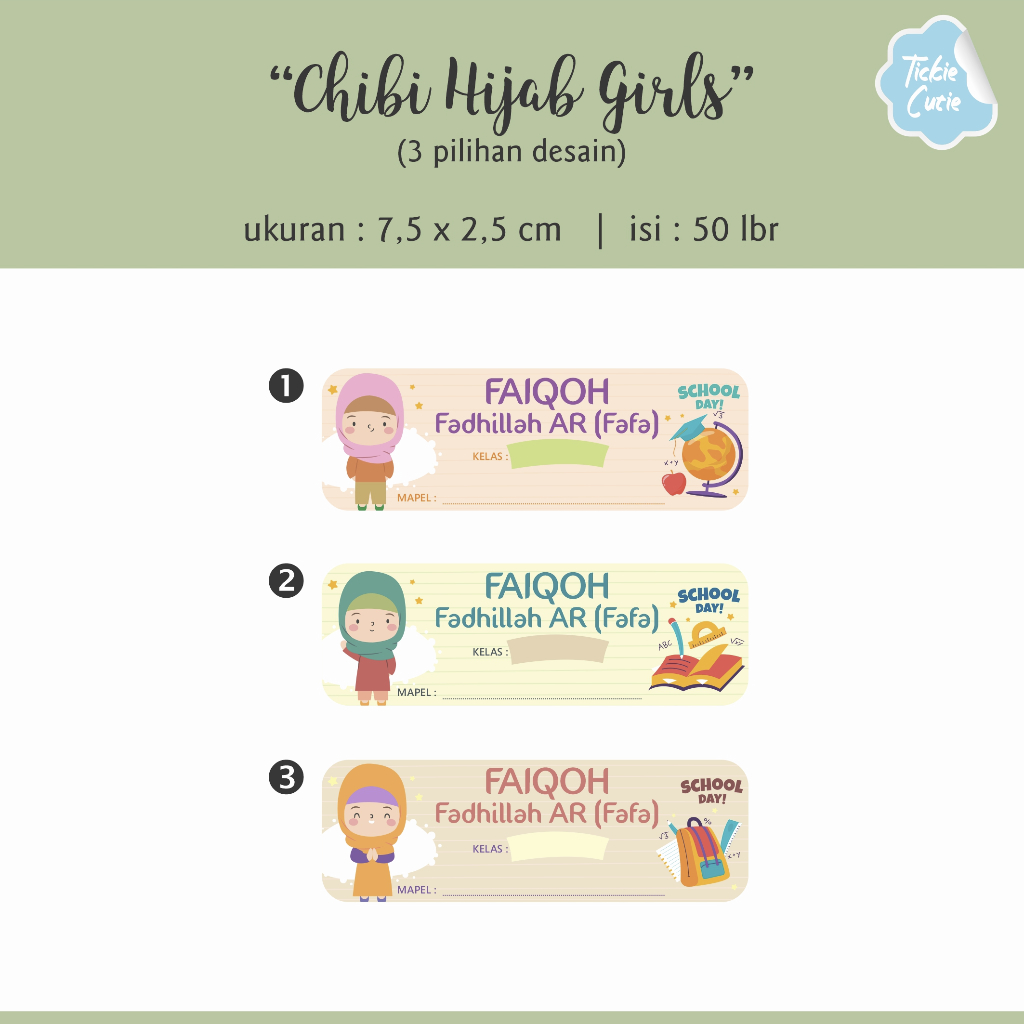 Jual PO Sticker Label Nama Buku tema : Chibi Hijab Girls (isi 50 lbr ...