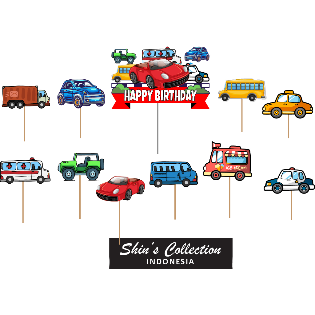 Jual Cake topper Transportation Car transportasi mobil cartoon isi 11 ...