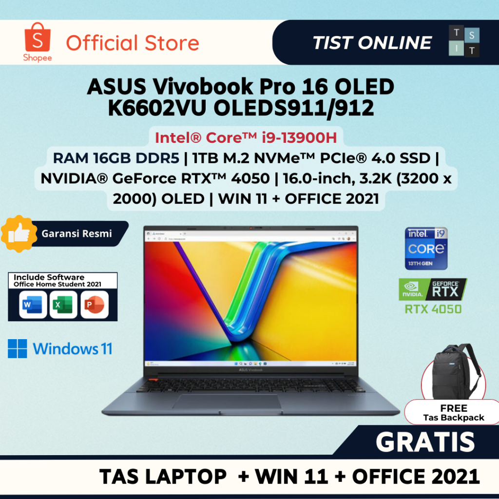 Jual Asus Vivobook Pro 16 Oled K6602vu Oleds911oleds912 Rtx4050 6gb I9 13900h 16gb 1tb 32k 7179