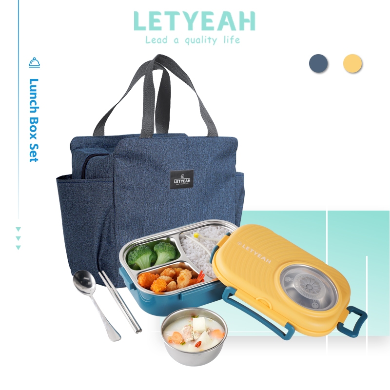[SUS304] LetYeah 1200ml kotak makan set 304 stainless dan sendok sumpit/3 sekat lunch box dangen thermal bag