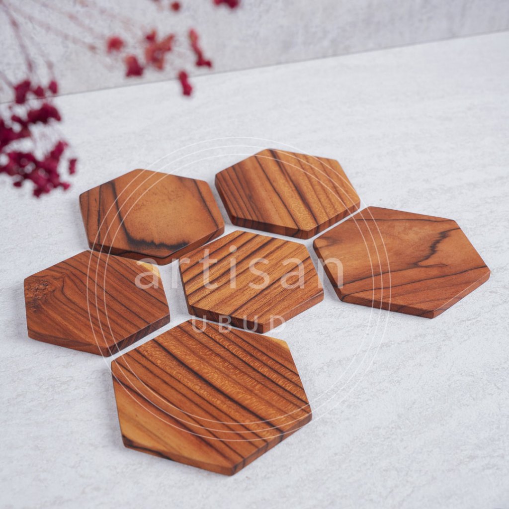 Jual Hexa Coaster Tatakan Gelas Kayu Jati Hexagon Food Grade Props