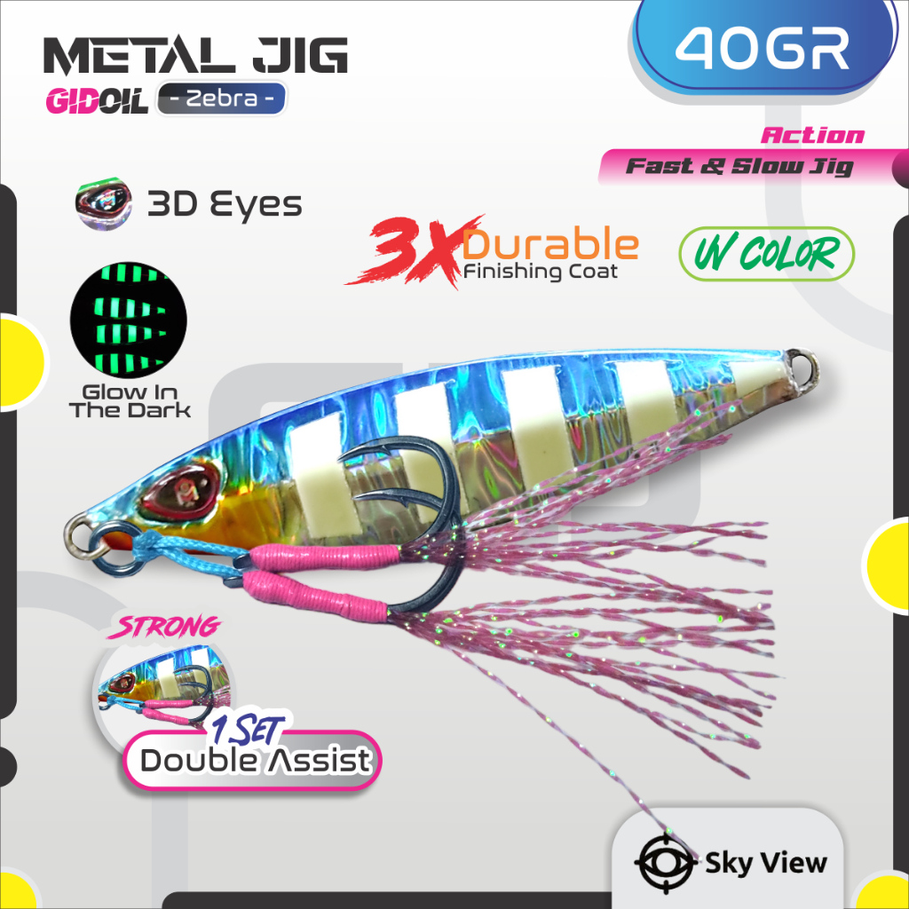Jual Umpan Metal Jig 40 Gram Glow In The Dark + Double Assist Hook Jig 40g  Slow Jigging