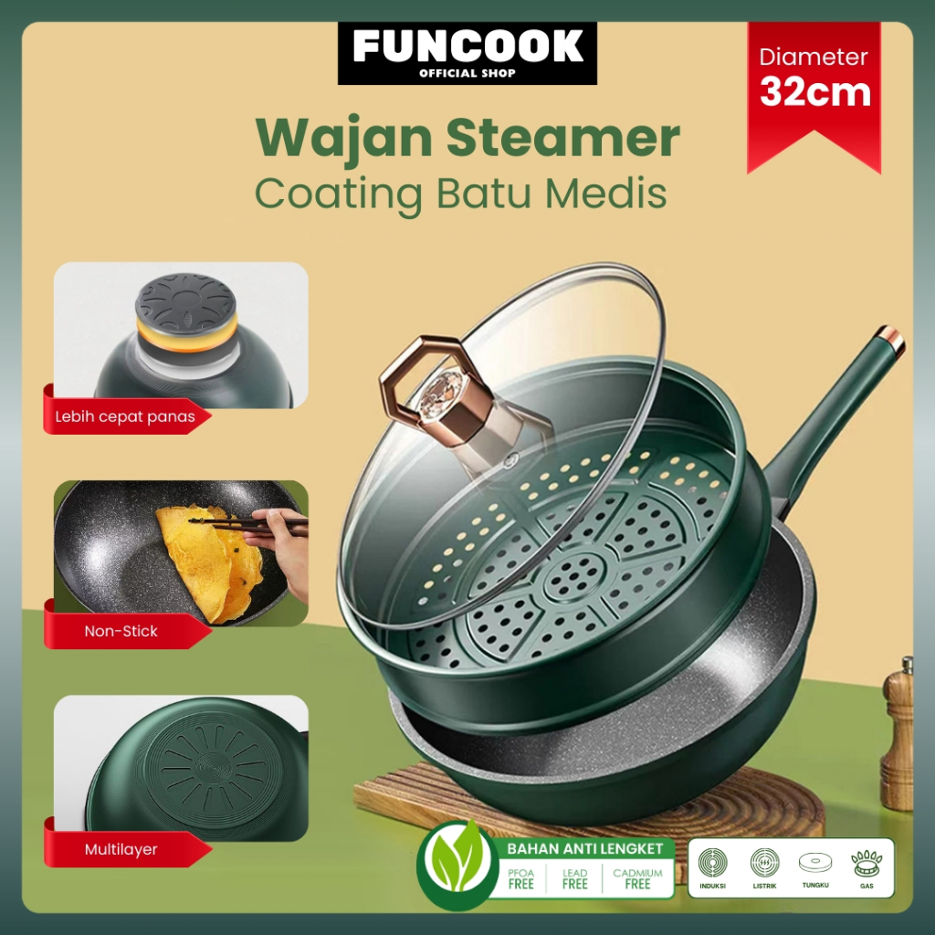 Jual FUNCOOK [COD] Emerald Green Wajan Batu Medis dengan Steamer 32 CM ...