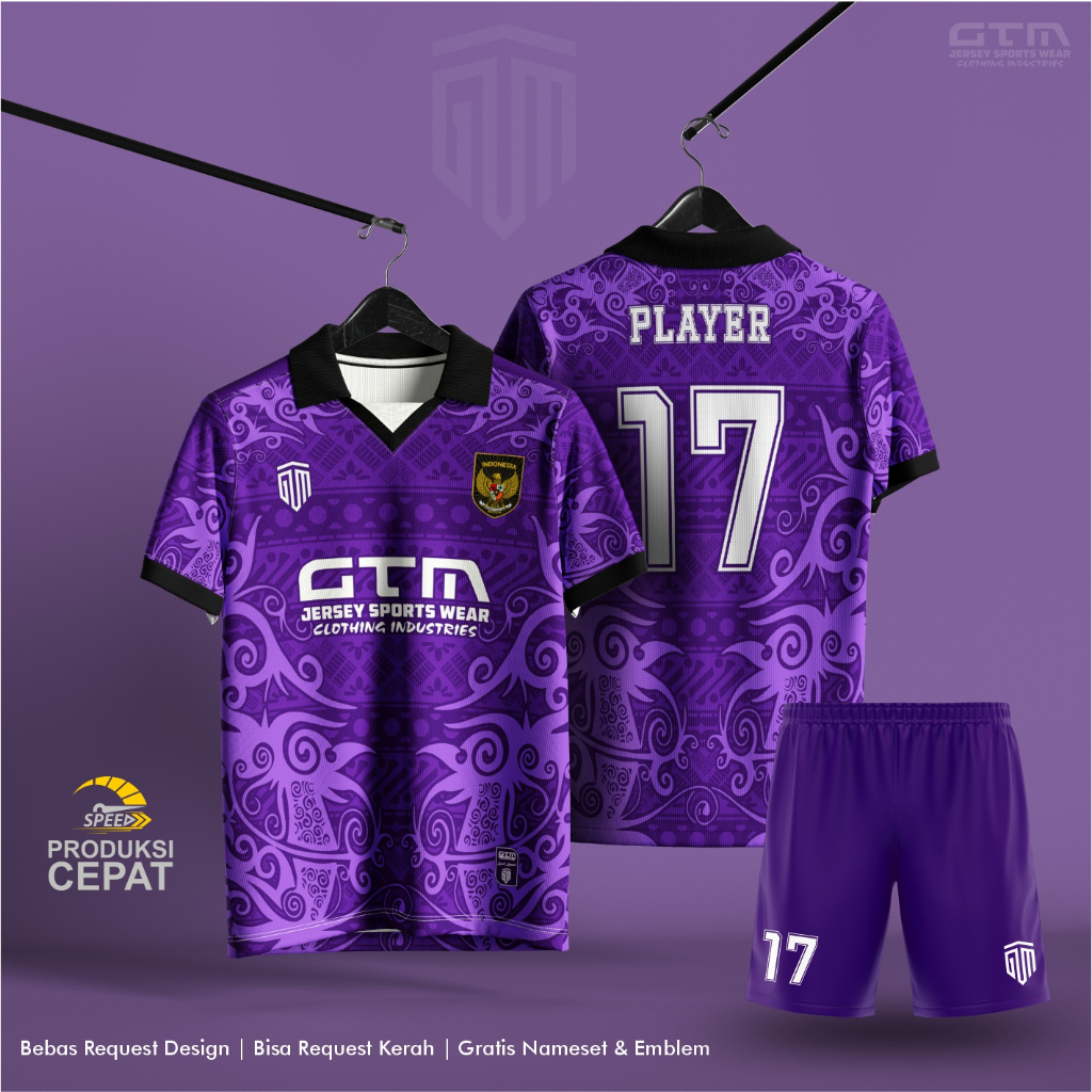 Jual JERSEY BOLA FUTSAL UNGU MOTIF DAYAK TERBARU KERAH RETRO