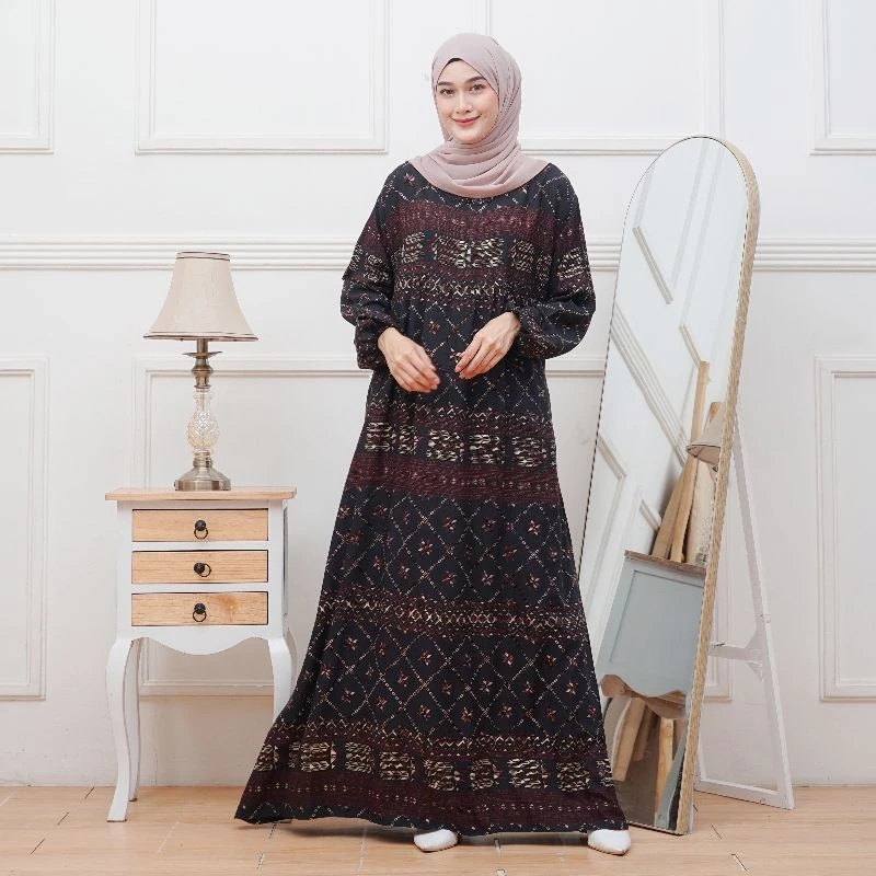 Gamis Rayon Premium Motif Etnik Tampilan Depan