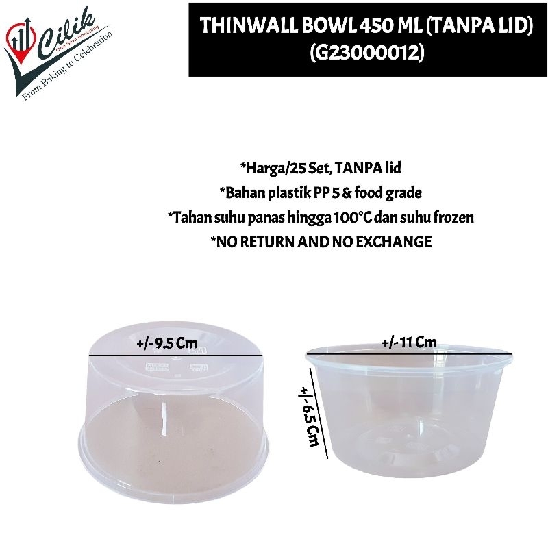 Jual Thinwall No Lid Container Bowl 450 Ml Mangkok Kemasan Soto Ramen