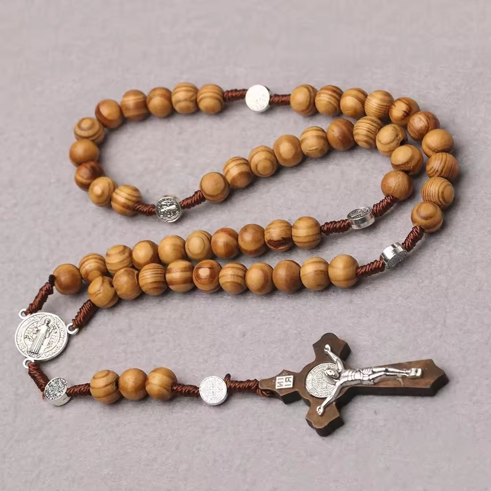 ALPHA OMEGA - Kalung Rosario Katolik Kayu Medali Santo Benediktus