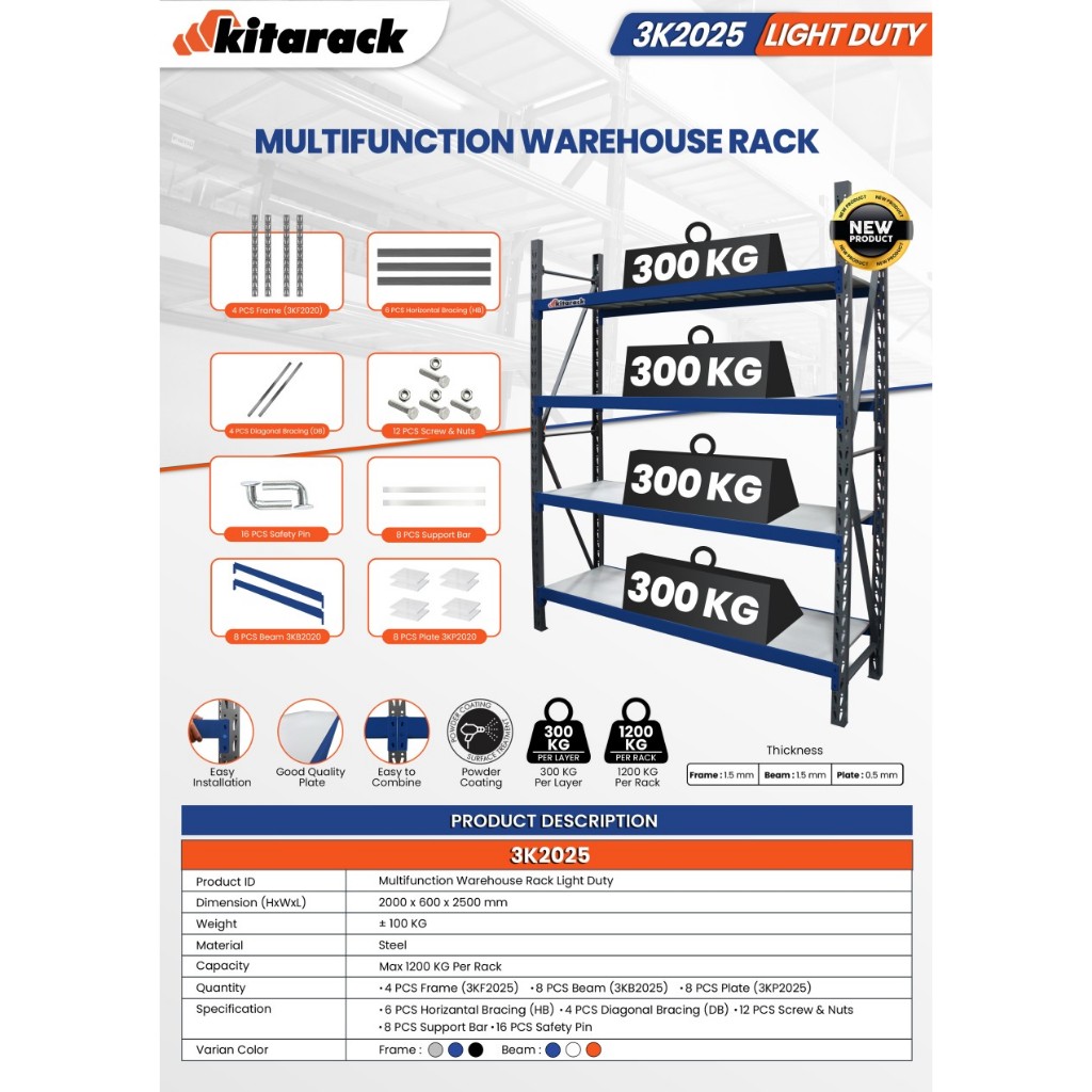 Jual RACK STARTER KITARACK 3K2025 WAREHOUSE MEDIUM DUTY 4 LAYER 300KG ...