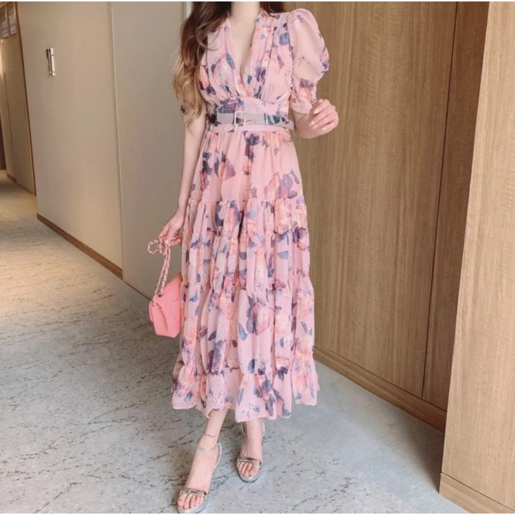 Jual Dress wanita fit flare bahan sifon corak bunga elegant 8 8715 Shopee Indonesia