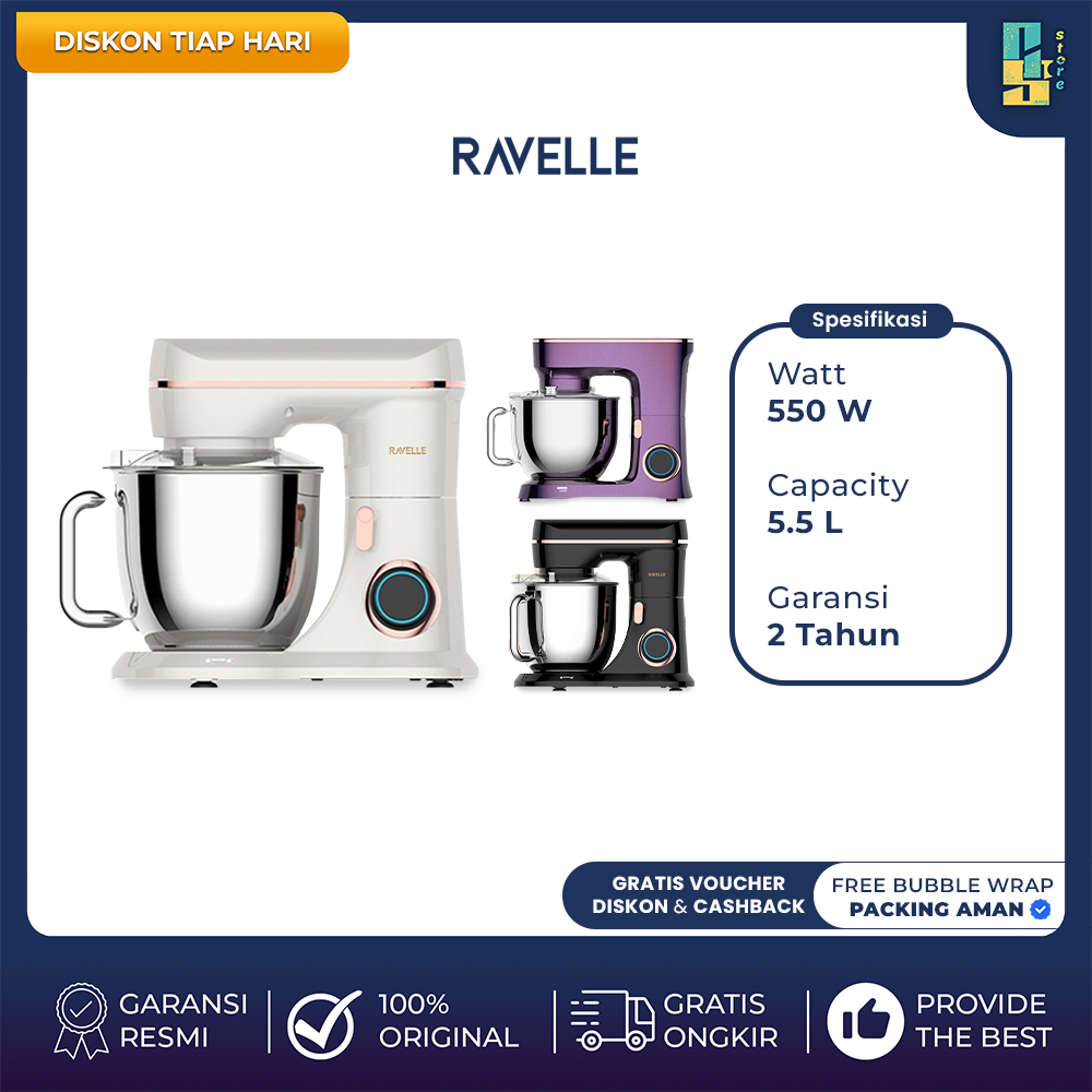Jual RAVELLE Stand Mixer 5.5L Terra Electric Mixer Platinum White Pengaduk Adonan Roti dan