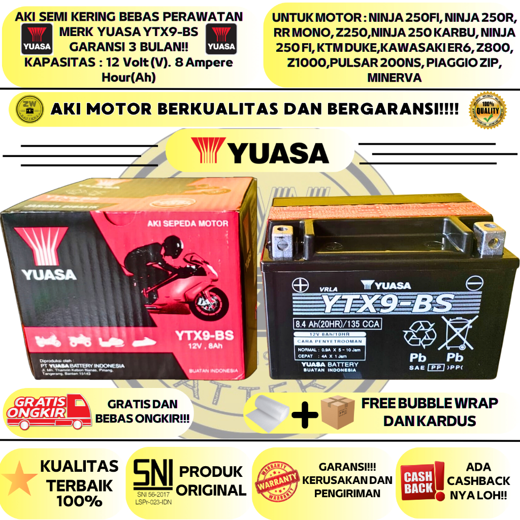 Jual AKI MOTOR NINJA 250 KARBU INJEKSI KTM DUKE 200 Z250 YTX9 BS YUASA ORI MF Shopee Indonesia