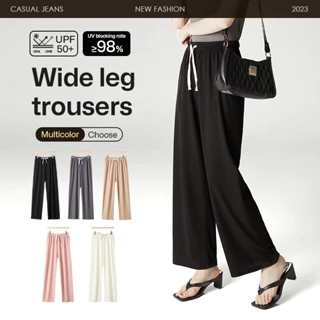 Celana Es Sutra Pinggang Tinggi Lebar Kaki Gaya Korea Celana Pel Kasual Longgar Lurus