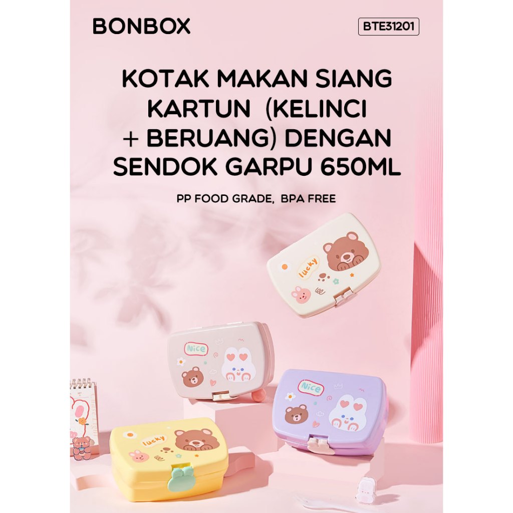 Jual BONBOX Beige Lunch Box Karakter 650ml Free Sendok Garpu Tanpa ...