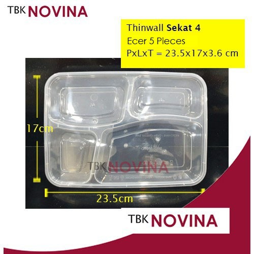 Jual [5 Pieces] Thinwall Sekat 4 Kotak makan Per Pack Rectangle Food ...