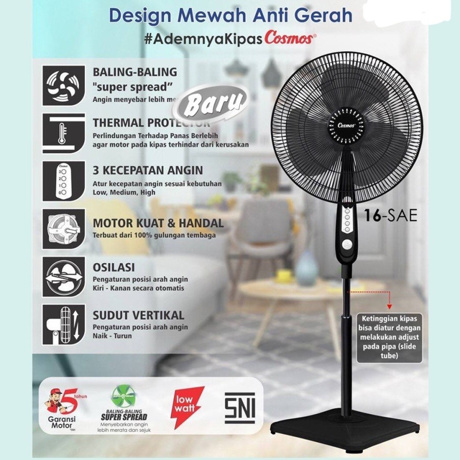 Kipas Angin Cosmos 16 SAE Berdiri Stand Fan 16 Inchi Baru & Bergaransi