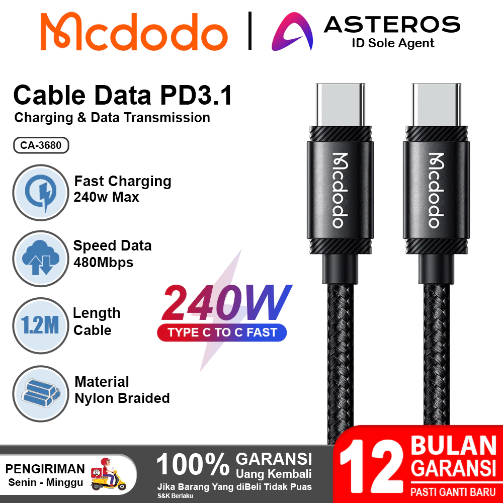 MCDODO Kabel Data Type C to Type C Fast Charging Max 240w Nylon Braided CA-368