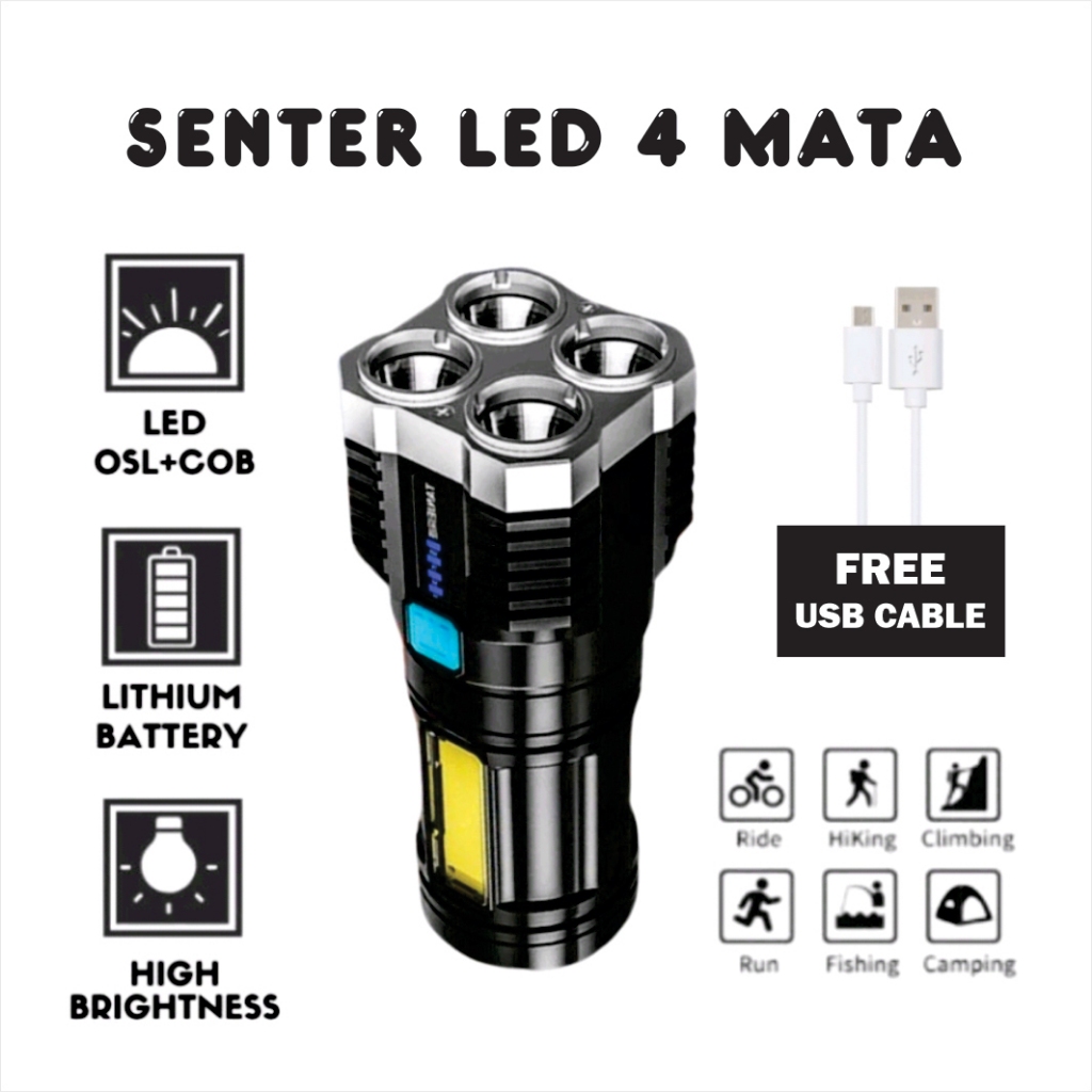 Jual Senter LED 4 Rechargeable Mata Super Terang Free Kabel USB Senter ...