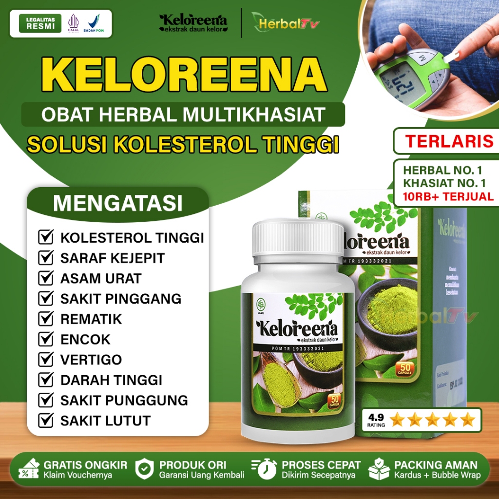 Obat Kolesterol Tinggi, Penurun Kolesterol Jahat, Darah Tinggi, Hipertensi, TG, Trigliserida, Stroke Ringan, Asam Urat, Syaraf Kejepit, Penghancur Lemak Darah, Sakit Leher Belakang, Pundak Berat, Kepala Pusing Herbal Alami Keloreena Kapsul
