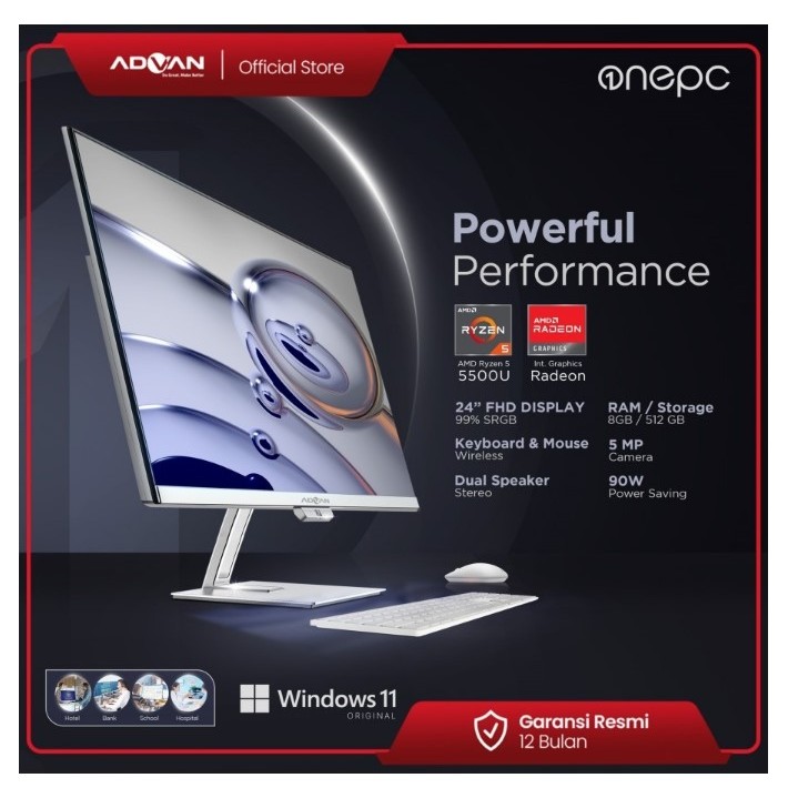Advan komputer All In One PC AIO OnePC AMD RYZEN 5 5500U 8+512GB Windows 11 24 Inch Full HD 99% SRGB