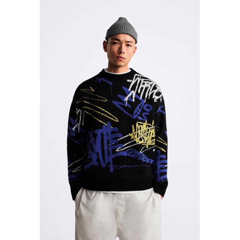 Jual Sweater Knit Z*raa Graffiti Jacquard | Shopee Indonesia
