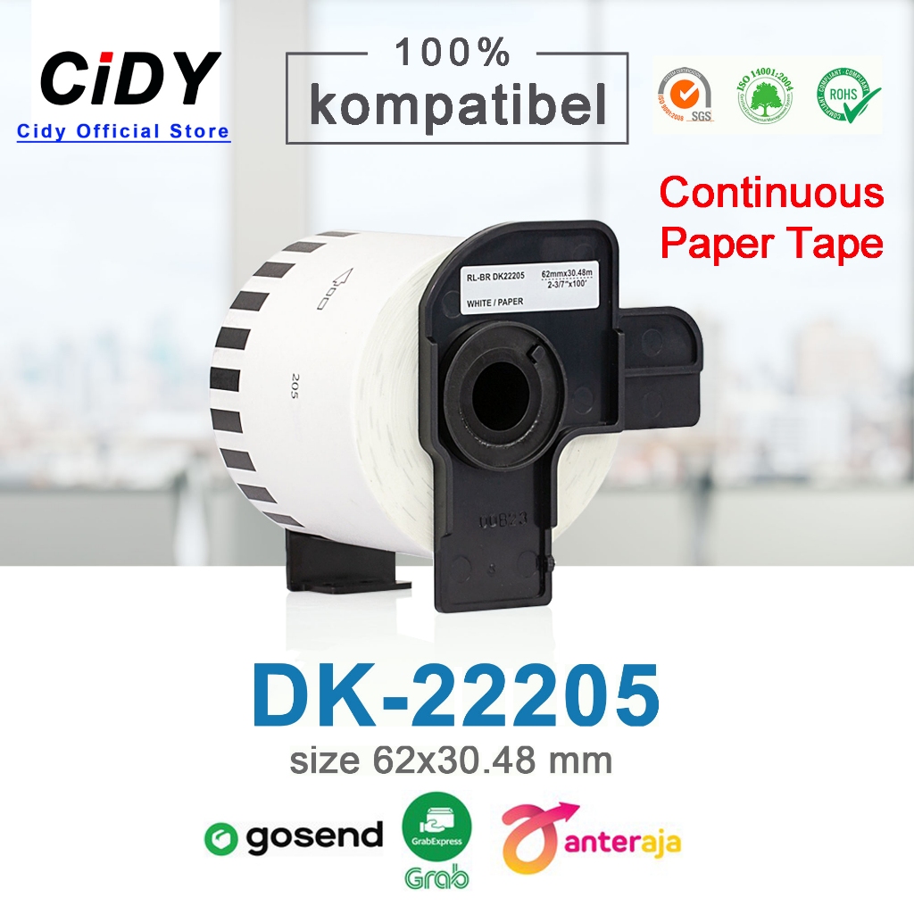 6x Brother DK-22205 Etikettenrollen - 62mm X 30,48m Schwarz Auf Weiß