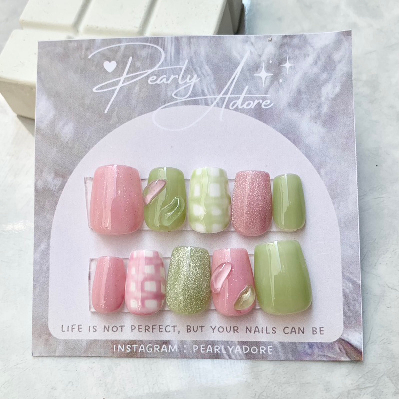 Jual Korean Press On Nails Mochi Dango Gingham / Cat Eye Fake Nails ...