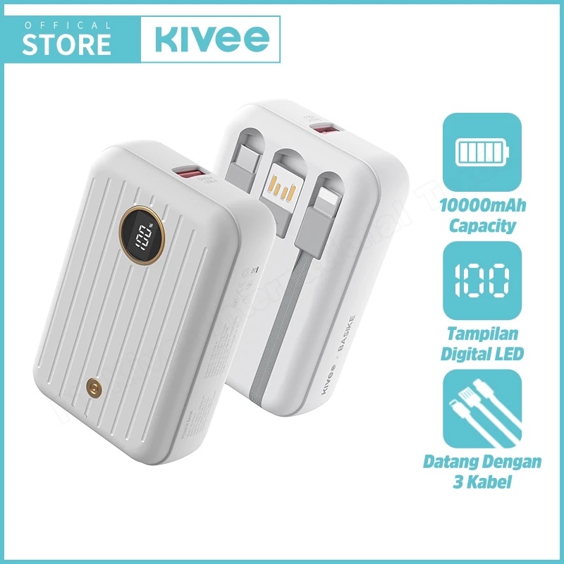 KIVEE Powerbank 10000mAh Mini Portable fast charging 20W With kabel data Type C Lightning USB 3-in-1