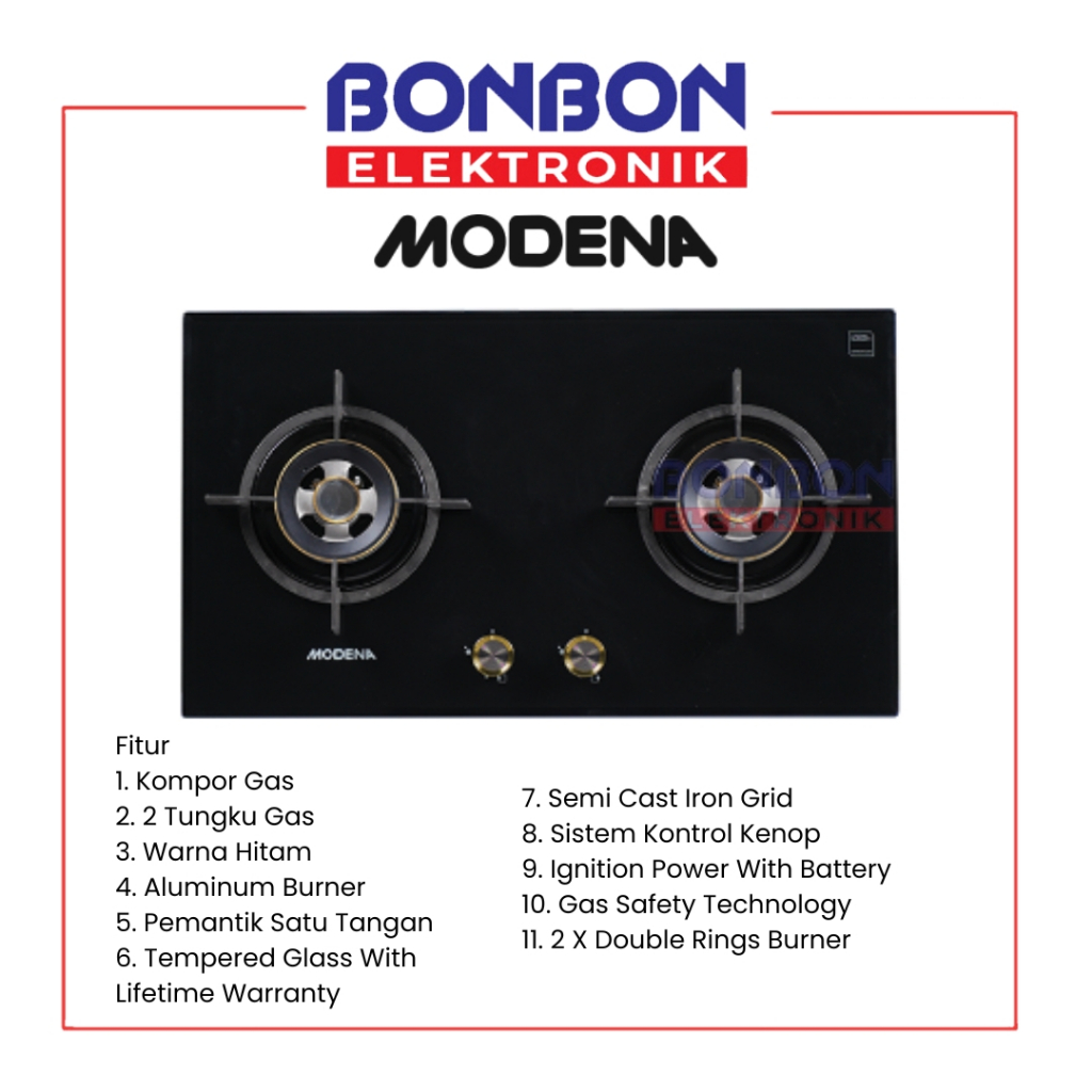 Jual MODENA Kompor Tanam Gas 2 Tungku BH 2725 GABK Built In Gas Hob