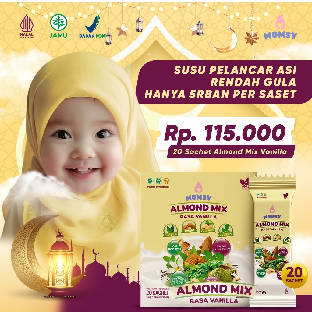 Jual MOMSY ALMOND MIX RASA VANILLA 20 sachet Susu Pelancar ASI Daun ...