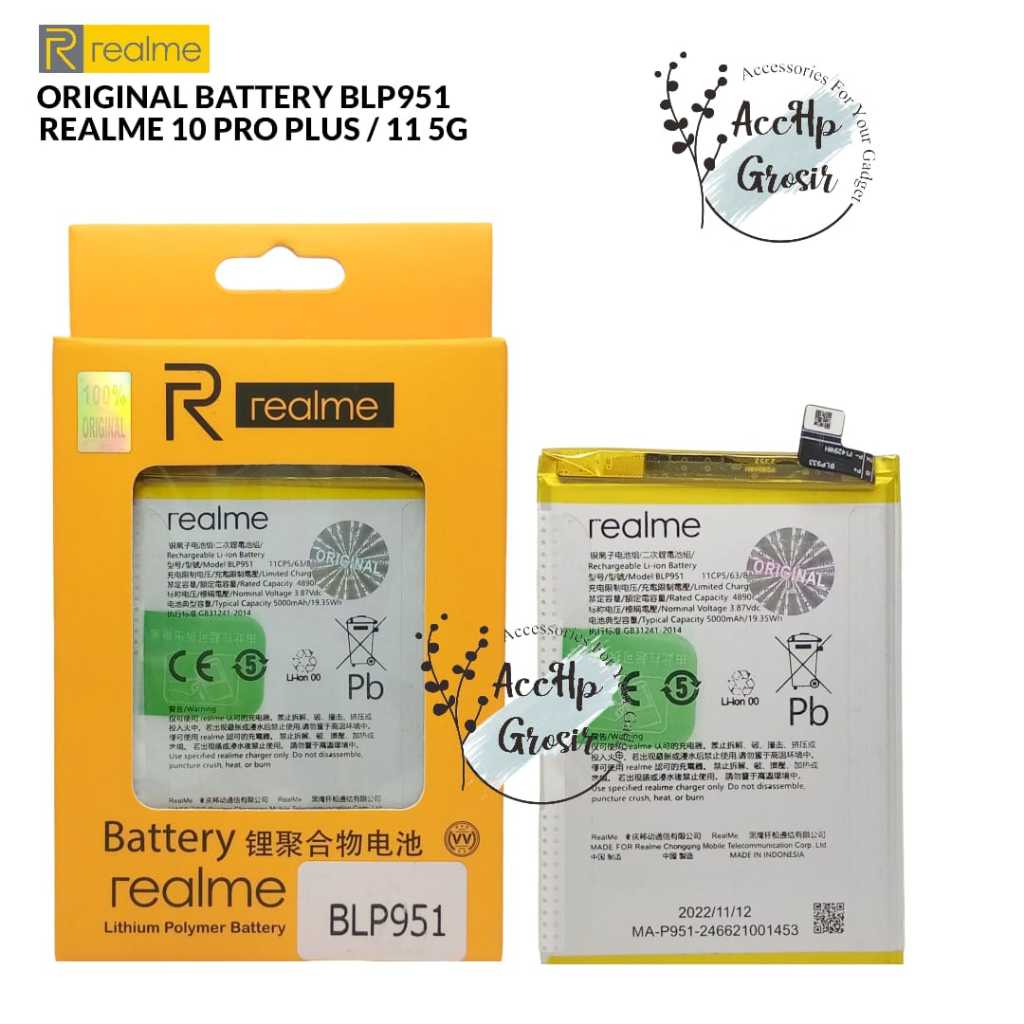 Batre Baterai Realme 10 Pro Plus Realme 11 5G BLP951 Batrai BLP 951  Original 100% Distributor