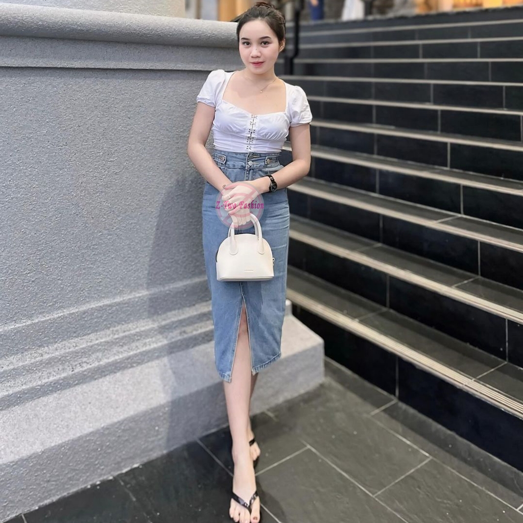 Jual (Z-Two Fashion) Highwaist Rok Jeans Melar Panjang 7/9 Belah Depan Doubel Button Seventyn Skirt | Shopee Indonesia