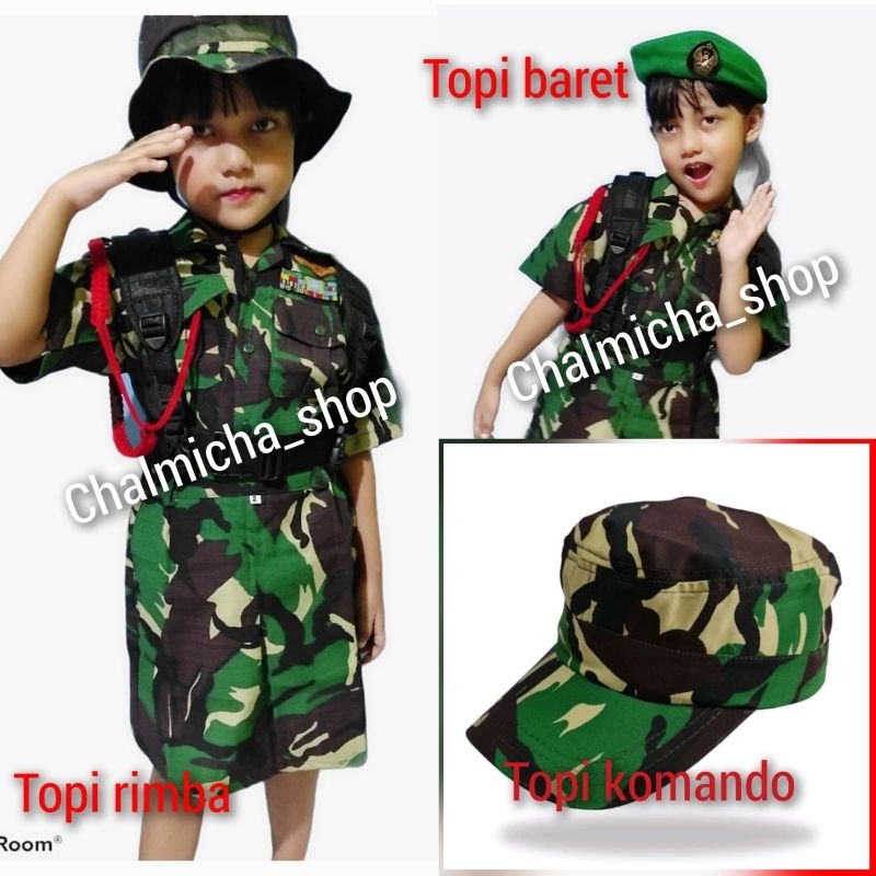 Jual baju kostum karnaval anak cewek doreng TNI AD topi rimba/baret ...