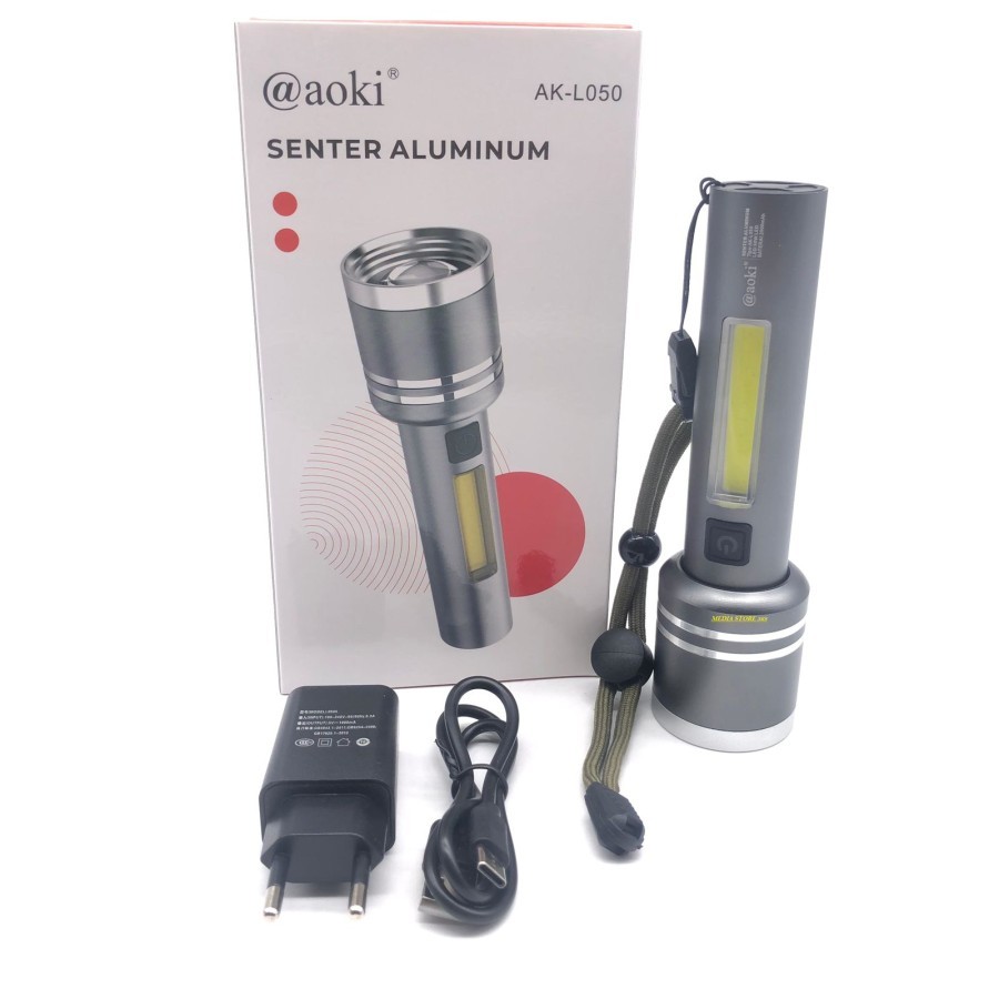 Jual Senter Led 50 Watt Aoki AK-L050 Body Aluminum Zoom 2000 mAh Cahaya ...