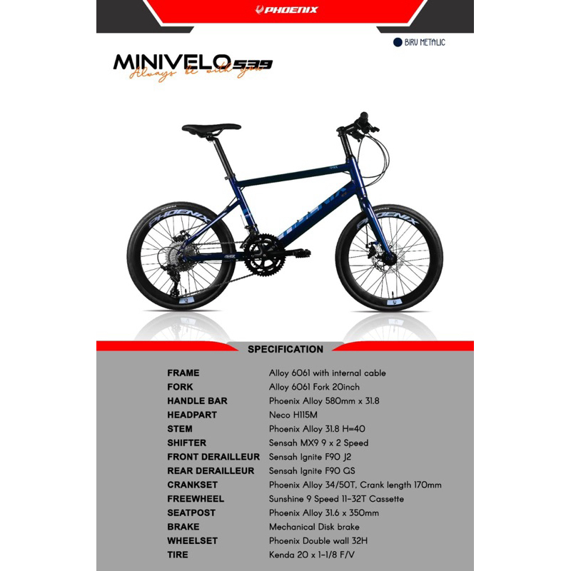 Jual SEPEDA BALAP 20 INCH MINIVELO PHOENIX 539 FRAME ALLOY 2X9 SPEED ...