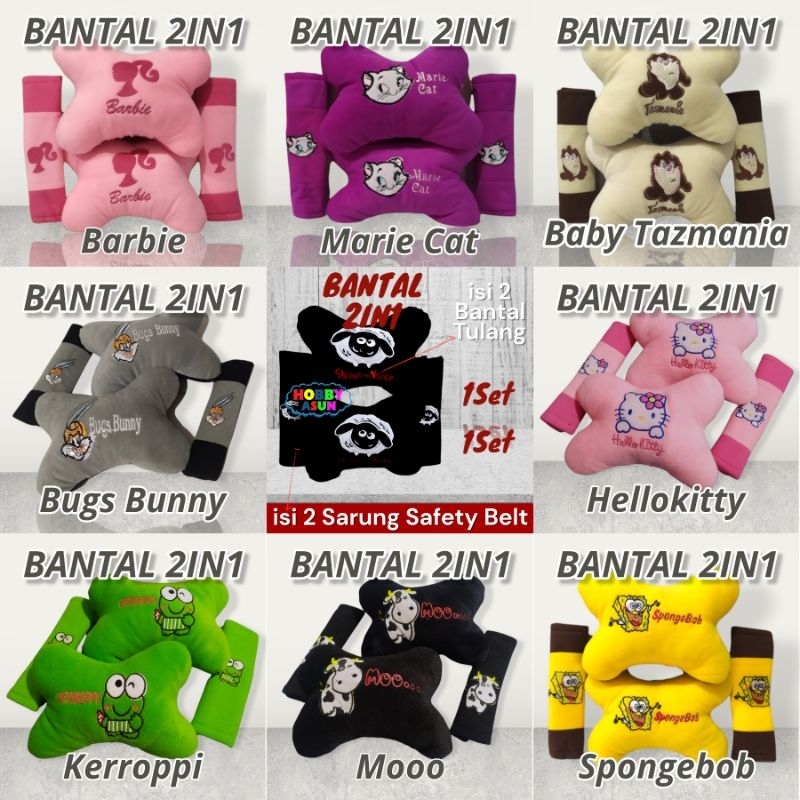 Headrest Set 2in1 Car Set Bantal Mobil 2in1 Car Set Karakter Kartun Lucu