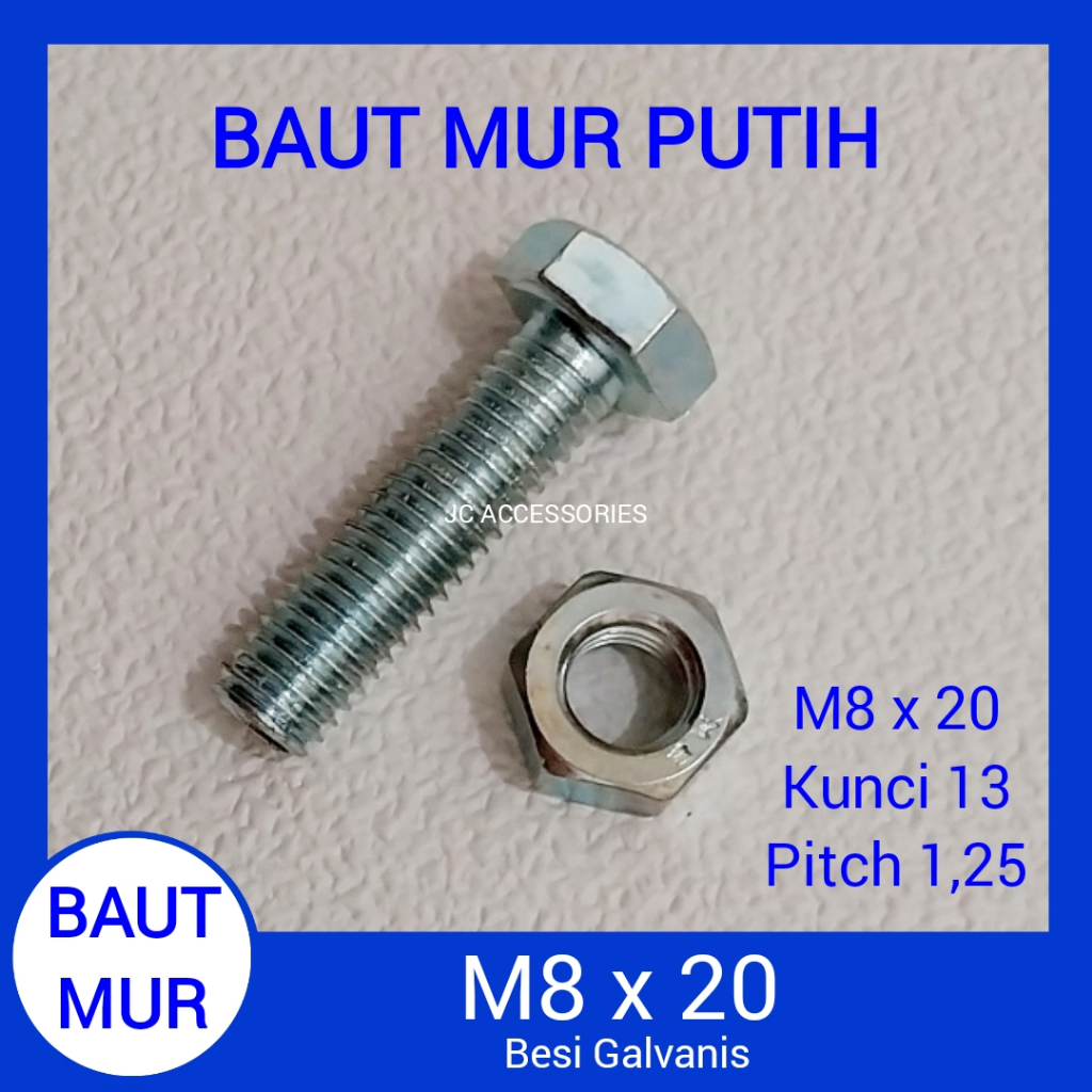 Jual BAUT MUR PUTIH M8 X 20 KUNCI 13 PITCH 1,25 BMP M8x20 BAUT MUR ...