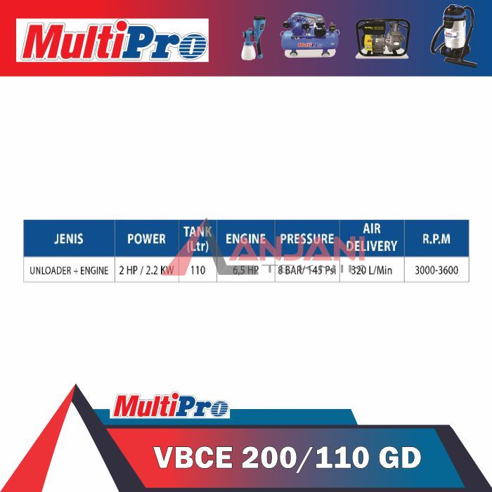 Jual MULTIPRO VBCE 200/110 HS-SW MESIN KOMPRESOR ANGIN BENSIN 2 HP ...