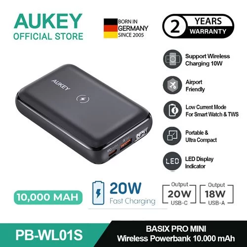 AUKEY Wireless Powerbank 10000mah USB C 20W PD 3.0 Slim PB-WL01S-GY