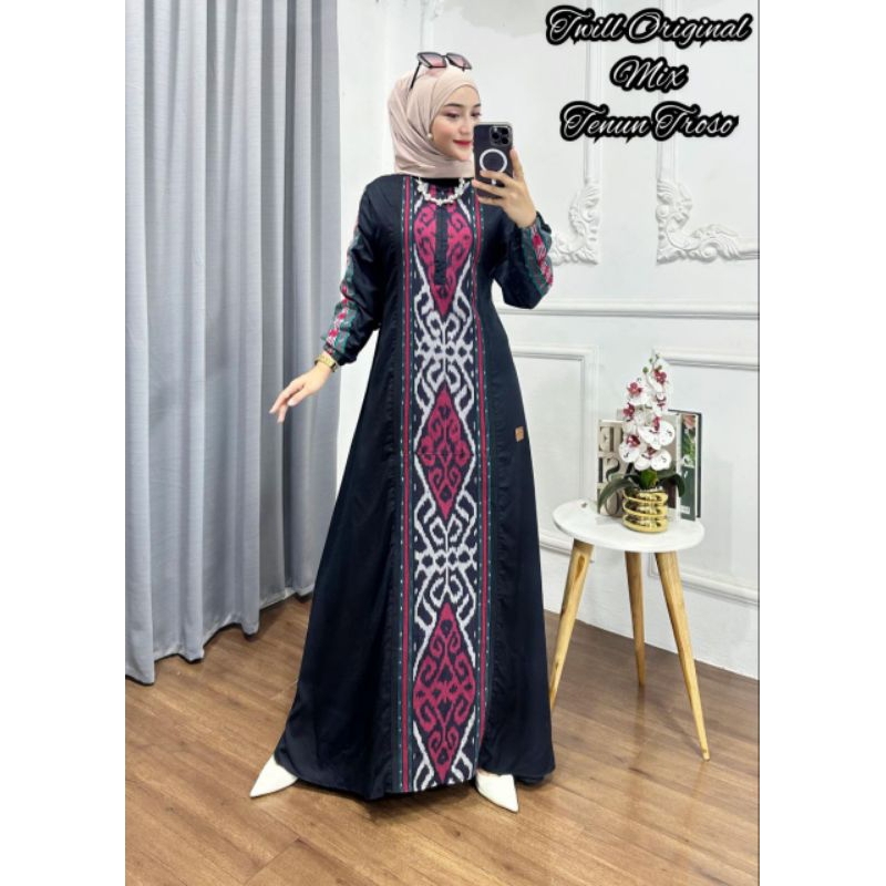 Jual Gamis Kamila Twill Ori Kombinasi Tenun Troso Motif Terbaru Gamis Twill Ori Tenun Troso